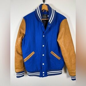 Dehen 1920 Blue And Brown Varsity Jacket Wool And Leather Medium $695 Retail
